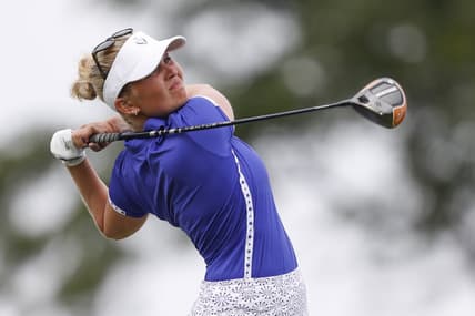 Sep 4, 2021; Toledo, Ohio, USA; Nanna Koerstz Madsen tees off at the 2021 Solheim Cup at Inverness Club. Mandatory Credit: Raj Mehta-USA TODAY Sports