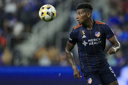 Sep 4, 2021; Cincinnati, OH, USA; FC Cincinnati defender Gustavo Vallecilla (5) plays the field against Inter Miami CF in the second half at TQL Stadium. Mandatory Credit: Aaron Doster-USA TODAY Sports