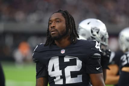 Sep 13, 2021; Paradise, Nevada, USA; Las Vegas Raiders linebacker Cory Littleton (42) against the Baltimore Ravens at Allegiant Stadium. Mandatory Credit: Mark J. Rebilas-USA TODAY Sports