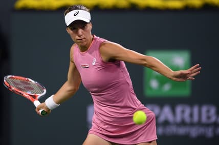 Oct 9, 2021; Indian Wells, CA, USA; Viktorija Golubic (SUI) hits a shot against Maria Sakkari (GRE) at Indian Wells Tennis Garden. Mandatory Credit: Orlando Ramirez-USA TODAY Sports