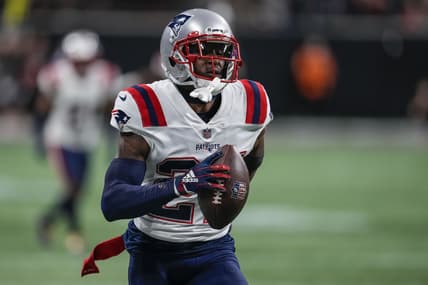 Nov 18, 2021; Atlanta, Georgia, USA; New England Patriots cornerback J.C. Jackson (27) runs after intercepting a pass against the Atlanta Falcons during the fourth quarter at Mercedes-Benz Stadium. Mandatory Credit: Dale Zanine-USA TODAY Sports