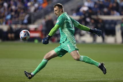 Nov 28, 2021; Philadelphia, Pennsylvania, USA; Nashville SC goalkeeper Joe Willis (1) clears the ball against the Philadelphia Union in the conference semifinals of the 2021 MLS playoffs at Subaru Park. Mandatory Credit: Bill Streicher-USA TODAY Sports