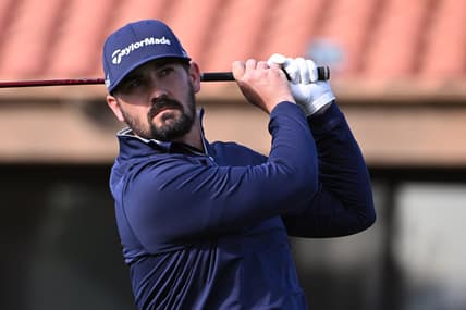 Jan 22, 2022; La Quinta, California, USA; Chad Ramey watches his shot from the 10th tee during the third round of the American Express golf tournament at La Quinta Country Club. Mandatory Credit: Orlando Ramirez-USA TODAY Sports