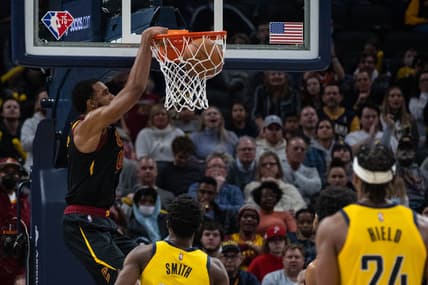 Feb 11, 2022; Indianapolis, Indiana, USA; Cleveland Cavaliers center Evan Mobley (4) dunks the ball in the second half against the Indiana Pacers at Gainbridge Fieldhouse. Mandatory Credit: Trevor Ruszkowski-USA TODAY Sports