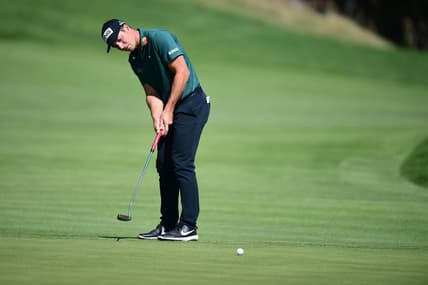 Feb 20, 2022; Pacific Palisades, California, USA; Viktor Hovland putts on the fourth green during the final round of the Genesis Invitational golf tournament. Mandatory Credit: Gary A. Vasquez-USA TODAY Sports