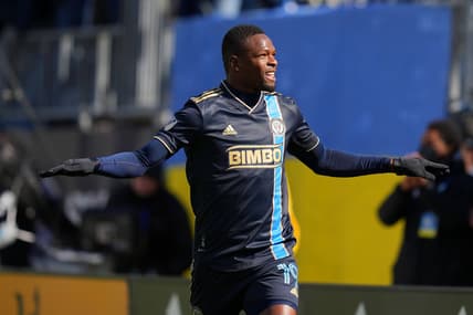 Feb 26, 2022; Philadelphia, Pennsylvania, USA; Philadelphia Union forward Cory Burke (19) celebrates after scoring a goal against the Minnesota United in the first half at Talen Energy Stadium. Mandatory Credit: Mitchell Leff-USA TODAY Sports