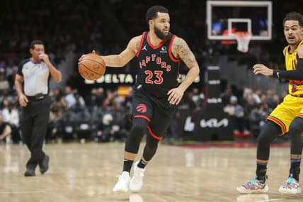 Feb 26, 2022; Atlanta, Georgia, USA; Toronto Raptors guard Fred VanVleet (23) dribbles against the Atlanta Hawks in the first quarter at State Farm Arena. Mandatory Credit: Brett Davis-USA TODAY Sports
