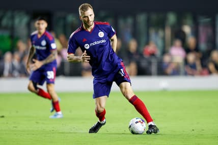 Feb 26, 2022; Fort Lauderdale, Florida, USA; Chicago Fire forward Kacper Przybylko (11) controls the ball in the second half against Inter Miami at Inter Miami CF Stadium. Mandatory Credit: Nathan Ray Seebeck-USA TODAY Sports