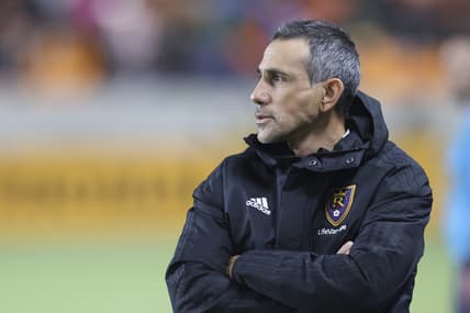 Feb 27, 2022; Houston, Texas, USA; Real Salt Lake head coach Pablo Mastroeni watches play against the Houston Dynamo FC in the first half at PNC Stadium. Mandatory Credit: Thomas Shea-USA TODAY Sports