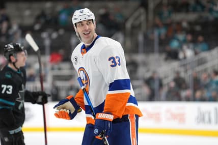 Feb 24, 2022; San Jose, California, USA; New York Islanders defenseman Zdeno Chara (33) during the second period against the San Jose Sharks at SAP Center at San Jose. Mandatory Credit: Darren Yamashita-USA TODAY Sports
