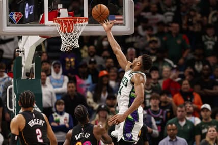 Mar 2, 2022; Milwaukee, Wisconsin, USA;  Milwaukee Bucks forward Giannis Antetokounmpo (34) shoots during the fourth quarter against the Miami Heat at Fiserv Forum. Mandatory Credit: Jeff Hanisch-USA TODAY Sports
