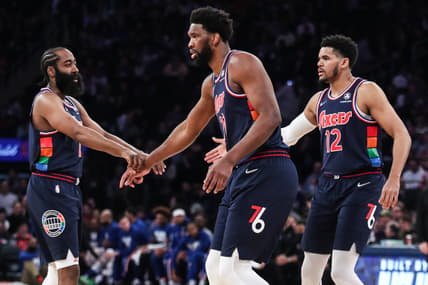 Feb 27, 2022; New York, New York, USA;  Philadelphia 76ers guard James Harden (1), center Joel Embiid (21) and  forward Tobias Harris (12) at Madison Square Garden. Mandatory Credit: Wendell Cruz-USA TODAY Sports