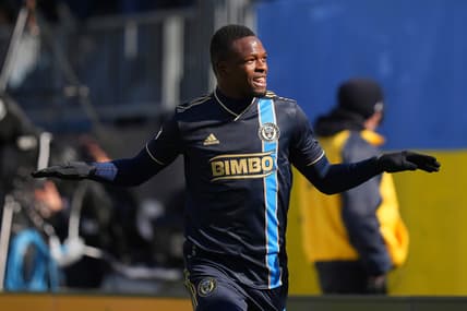 Feb 26, 2022; Chester, Pennsylvania, USA; Philadelphia Union forward Cory Burke (19) reacts after scoring a goal against the Minnesota United at Subaru Park. Mandatory Credit: Mitchell Leff-USA TODAY Sports