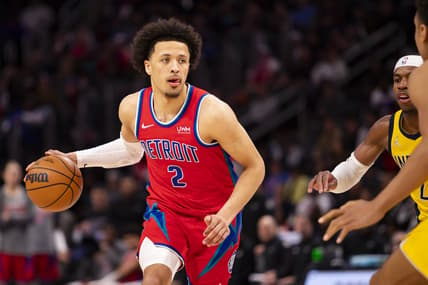 Mar 4, 2022; Detroit, Michigan, USA; Detroit Pistons guard Cade Cunningham (2) dribbles the ball during the fourth quarter against the Indiana Pacers at Little Caesars Arena. Mandatory Credit: Raj Mehta-USA TODAY Sports