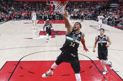 Mar 4, 2022; Chicago, Illinois, USA; Milwaukee Bucks forward Giannis Antetokounmpo (34) dunks the ball against the Chicago Bulls during the second half at United Center. Mandatory Credit: Kamil Krzaczynski-USA TODAY Sports