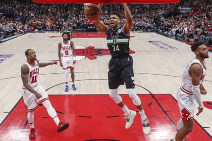 Mar 4, 2022; Chicago, Illinois, USA; Milwaukee Bucks forward Giannis Antetokounmpo (34) dunks the ball against the Chicago Bulls during the second half at United Center. Mandatory Credit: Kamil Krzaczynski-USA TODAY Sports