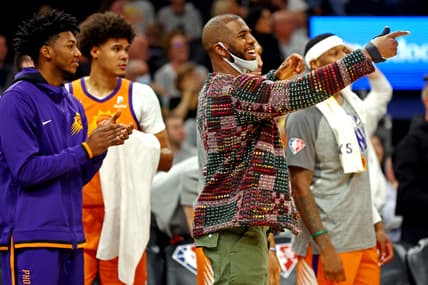 Mar 4, 2022; Phoenix, Arizona, USA; Phoenix Suns guard Chris Paul reacts from the bench during the first half against the New York Knicks at Footprint Center. Mandatory Credit: Mark J. Rebilas-USA TODAY Sports