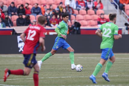 Mar 5, 2022; Sandy, Utah, USA;  Seattle Sounders midfielder Joao Paulo (6) brings the ball up the field during the game against the Real Salt Lake at Rio Tinto Stadium. Mandatory Credit: Melissa Majchrzak-USA TODAY Sports