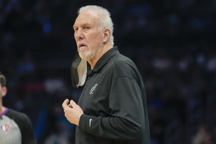 Mar 5, 2022; Charlotte, North Carolina, USA; San Antonio Spurs head coach Gregg Popovich reacts during the second quarter against the Charlotte Hornets at the Spectrum Center. Mandatory Credit: Jim Dedmon-USA TODAY Sports