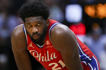 Mar 5, 2022; Miami, Florida, USA; Philadelphia 76ers center Joel Embiid (21) looks on during the second quarter against the Miami Heat at FTX Arena. Mandatory Credit: Sam Navarro-USA TODAY Sports