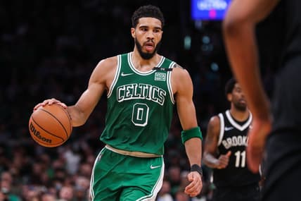Mar 6, 2022; Boston, Massachusetts, USA; Boston Celtics forward Jayson Tatum (0) dribbles down the court during the second half against the Brooklyn Nets at TD Garden. Mandatory Credit: Paul Rutherford-USA TODAY Sports