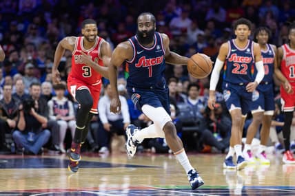 Mar 7, 2022; Philadelphia, Pennsylvania, USA; Philadelphia 76ers guard James Harden (1) dribbles the ball against the Chicago Bulls during the first quarter at Wells Fargo Center. Mandatory Credit: Bill Streicher-USA TODAY Sports