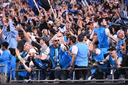 Mar 5, 2022; Charlotte, North Carolina, USA;  Charlotte FC fans cheer in the second half at Bank of America Stadium. Mandatory Credit: Bob Donnan-USA TODAY Sports
