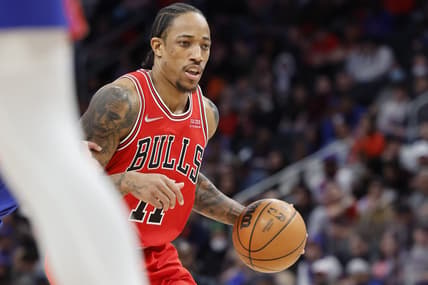 Mar 9, 2022; Detroit, Michigan, USA; Chicago Bulls forward DeMar DeRozan (11) dribbles in the second half against the Detroit Pistons at Little Caesars Arena. Mandatory Credit: Rick Osentoski-USA TODAY Sports
