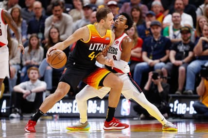 Mar 9, 2022; Salt Lake City, Utah, USA; Utah Jazz forward Bojan Bogdanovic (44) controls the ball as Portland Trail Blazers guard Brandon Williams (8) guards in the first quarter at Vivint Arena. Mandatory Credit: Isaiah J. Downing-USA TODAY Sports