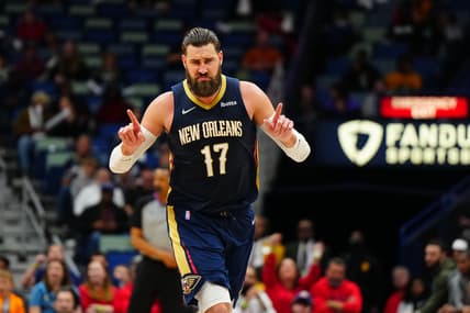 Mar 9, 2022; New Orleans, Louisiana, USA; New Orleans Pelicans center Jonas Valanciunas (17) celebrates a play against the Orlando Magic during the fourth quarter at Smoothie King Center. Mandatory Credit: Andrew Wevers-USA TODAY Sports