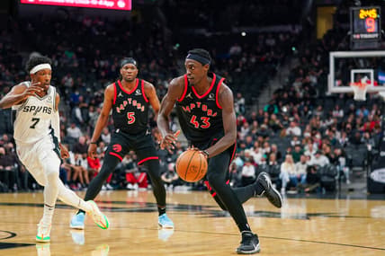 Mar 9, 2022; San Antonio, Texas, USA;  Toronto Raptors forward Pascal Siakam (43) drives past San Antonio Spurs guard Josh Richardson (7) in the second half at the AT&T Center. Mandatory Credit: Daniel Dunn-USA TODAY Sports