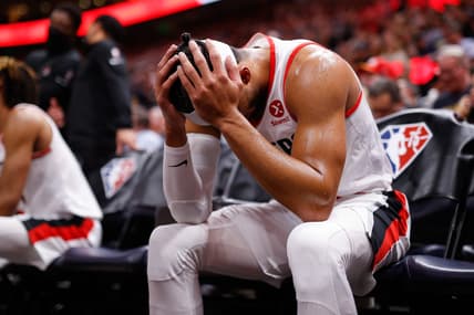 Mar 9, 2022; Salt Lake City, Utah, USA; Portland Trail Blazers guard Josh Hart (11) reacts on the bench in the third quarter against the Utah Jazz at Vivint Arena. Mandatory Credit: Isaiah J. Downing-USA TODAY Sports