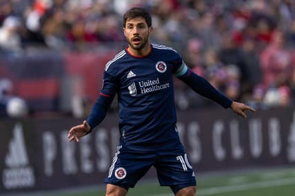 Mar 5, 2022; Foxborough, Massachusetts, USA; New England Revolution midfielder Carles Gil (10) during a game between the New England Revolution and FC Dallas at Gillette Stadium. Mandatory Credit: Paul Rutherford-USA TODAY Sports