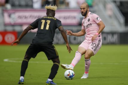 Mar 12, 2022; Fort Lauderdale, Florida, USA; Inter Miami CF forward Gonzalo Higuain (10) passes the ball in front of Los Angeles FC midfielder Jos  Cifuentes (11) during the first half at Inter Miami CF Stadium. Mandatory Credit: Sam Navarro-USA TODAY Sports