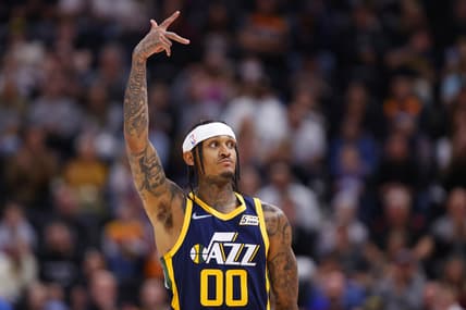Mar 12, 2022; Salt Lake City, Utah, USA; Utah Jazz guard Jordan Clarkson (00) reacts after a three-pointer in the first quarter against the Sacramento Kings at Vivint Arena. Mandatory Credit: Jeffrey Swinger-USA TODAY Sports