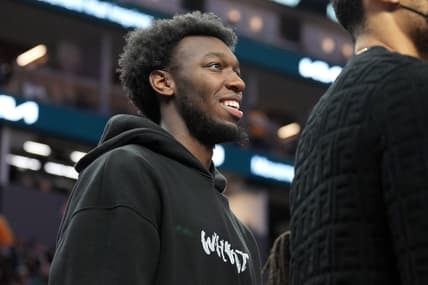 Mar 12, 2022; San Francisco, California, USA; Golden State Warriors center James Wiseman (33) stands in front of the bench during the second quarter against the Milwaukee Bucks at Chase Center. Mandatory Credit: Darren Yamashita-USA TODAY Sports