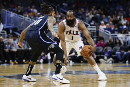 Mar 13, 2022; Orlando, Florida, USA; Philadelphia 76ers guard James Harden (1) dribbles the basketball as Orlando Magic guard Markelle Fultz (20) defends during the second quarter at Amway Center. Mandatory Credit: Sam Navarro-USA TODAY Sports