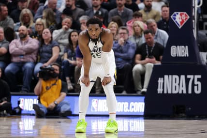 Mar 14, 2022; Salt Lake City, Utah, USA;  Utah Jazz guard Donovan Mitchell (45) looks down the court during the second quarter against the Milwaukee Bucks at Vivint Arena. Mandatory Credit: Chris Nicoll-USA TODAY Sports