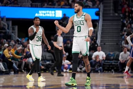 Mar 16, 2022; San Francisco, California, USA; Boston Celtics forward Jayson Tatum (0) and guard Marcus Smart (36) pump their fist after the Celtics made a basket against the Golden State Warriors in the second quarter at the Chase Center. Mandatory Credit: Cary Edmondson-USA TODAY Sports