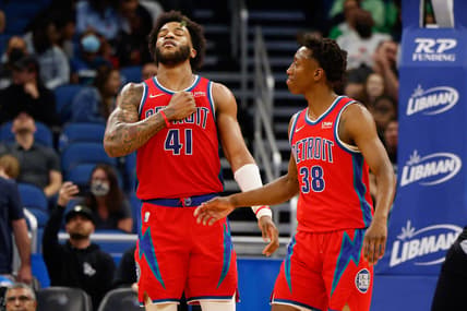 Mar 17, 2022; Orlando, Florida, USA;  Detroit Pistons forward Saddiq Bey (41) reacts after scoring 51 points against the Orlando Magic at Amway Center. Mandatory Credit: Nathan Ray Seebeck-USA TODAY Sports