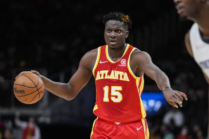 Mar 18, 2022; Atlanta, Georgia, USA; Atlanta Hawks center Clint Capela (15) directs his teammates against the Memphis Grizzlies during the first half at State Farm Arena. Mandatory Credit: Dale Zanine-USA TODAY Sports