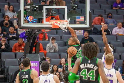 Mar 18, 2022; Sacramento, California, USA; Boston Celtics center Al Horford (42) dunks the basketball during the first quarter against the Sacramento Kings at Golden 1 Center. Mandatory Credit: Neville E. Guard-USA TODAY Sports