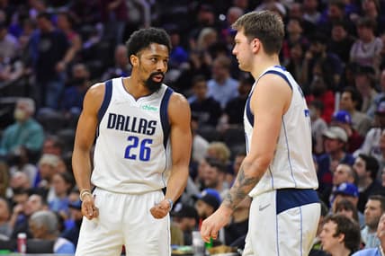 Mar 18, 2022; Philadelphia, Pennsylvania, USA; Dallas Mavericks guard Spencer Dinwiddie (26) and guard Luka Doncic (77) against the Philadelphia 76ers at Wells Fargo Center. Mandatory Credit: Eric Hartline-USA TODAY Sports