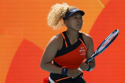Mar 23, 2022; Miami Gardens, FL, USA; Naomi Osaka (JPN) warms up prior to her match against Astra Sharma (AUS) (not pictured) in a first round women's singles match in the Miami Open at Hard Rock Stadium. Mandatory Credit: Geoff Burke-USA TODAY Sports