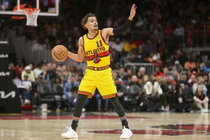 Mar 25, 2022; Atlanta, Georgia, USA; Atlanta Hawks guard Trae Young (11) dribbles against the Golden State Warriors in the second half at State Farm Arena. Mandatory Credit: Brett Davis-USA TODAY Sports