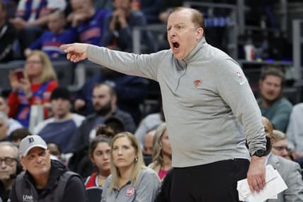 Mar 27, 2022; Detroit, Michigan, USA;  New York Knicks head coach Tom Thibodeau reacts during the second half against the Detroit Pistons at Little Caesars Arena. Mandatory Credit: Rick Osentoski-USA TODAY Sports