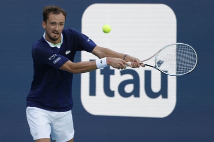Mar 29, 2022; Miami Gardens, FL, USA; Daniil Medvedev hits a backhand against Jenson Brooksby (USA)(not pictured) in a fourth round men's singles match in the Miami Open at Hard Rock Stadium. Mandatory Credit: Geoff Burke-USA TODAY Sports