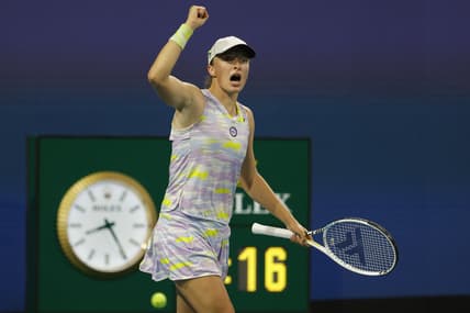 Mar 30, 2022; Miami Gardens, FL, USA; Iga Swiatek (POL) celebrates after match point against Petra Kvitova (CZE)(not pictured) in a women's singles quarterfinal match in the Miami Open at Hard Rock Stadium. Mandatory Credit: Geoff Burke-USA TODAY Sports