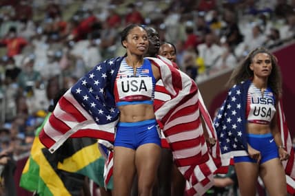 Aug 7, 2021; Tokyo, Japan; Allyson Felix (USA) reacts after USA won the 4x400m final during the Tokyo 2020 Summer Olympic Games at Olympic Stadium. Mandatory Credit: James Lang-USA TODAY Sports