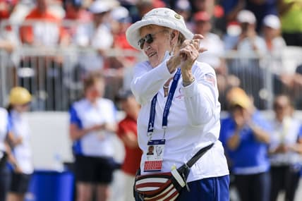 Sep 5, 2021; Toledo, Ohio, USA; Professional golfer and co-founder of the LPGA Tour, Shirley Spork stands on the first tee box during competition rounds of the Solheim Cup golf tournament at Inverness Club. Mandatory Credit: Aaron Doster-USA TODAY Sports